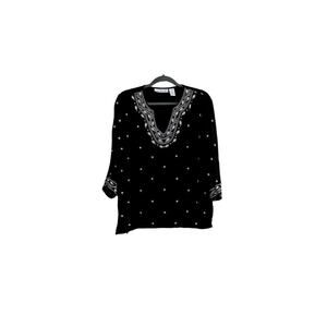 C.D. Sport size large blouse black with white embroidery v-neck 3/4 sleeves